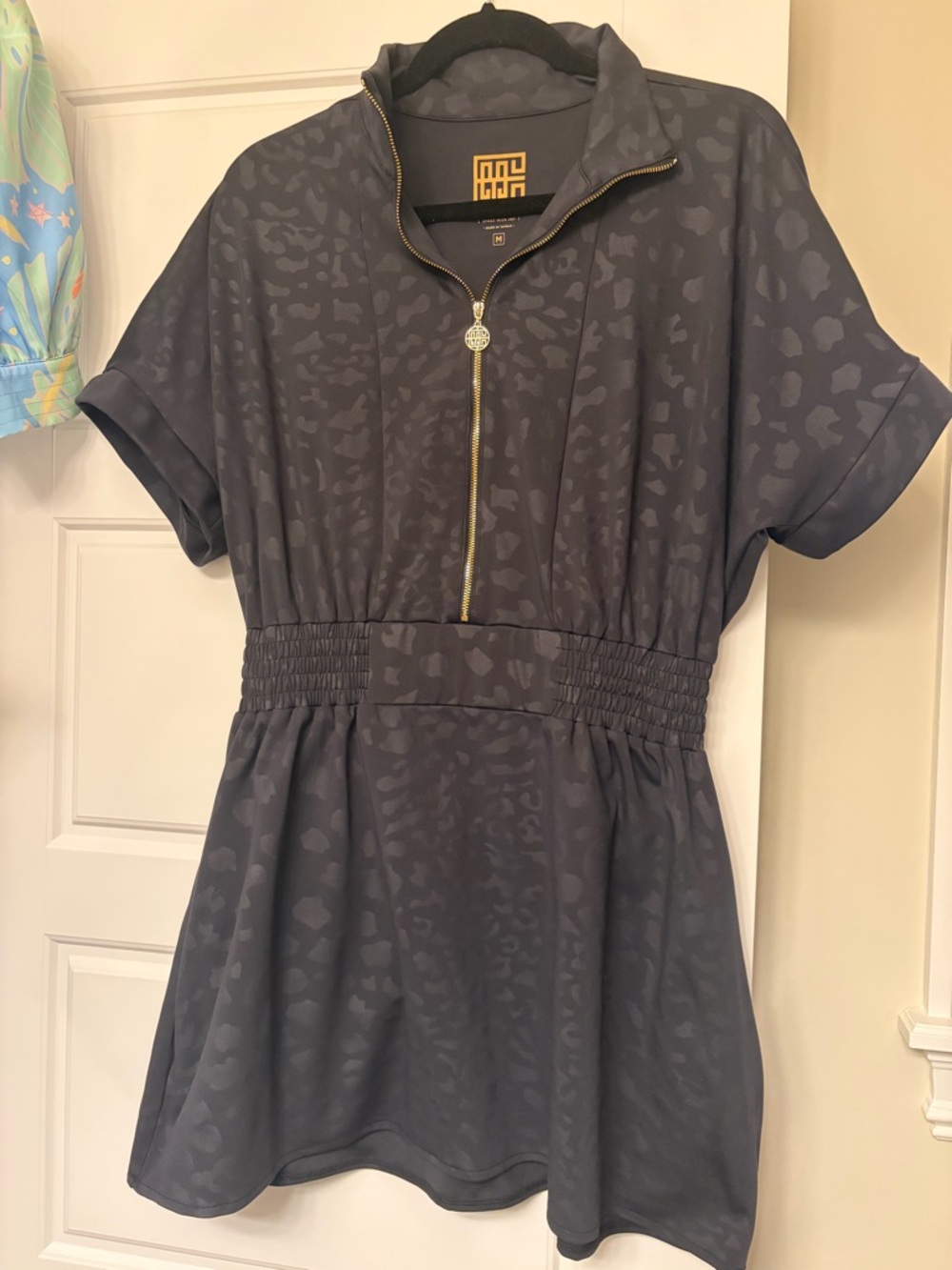 Emily McCarthy Black Leopard Short-Sleeve Zip Mini Dress - Elastic Waist
